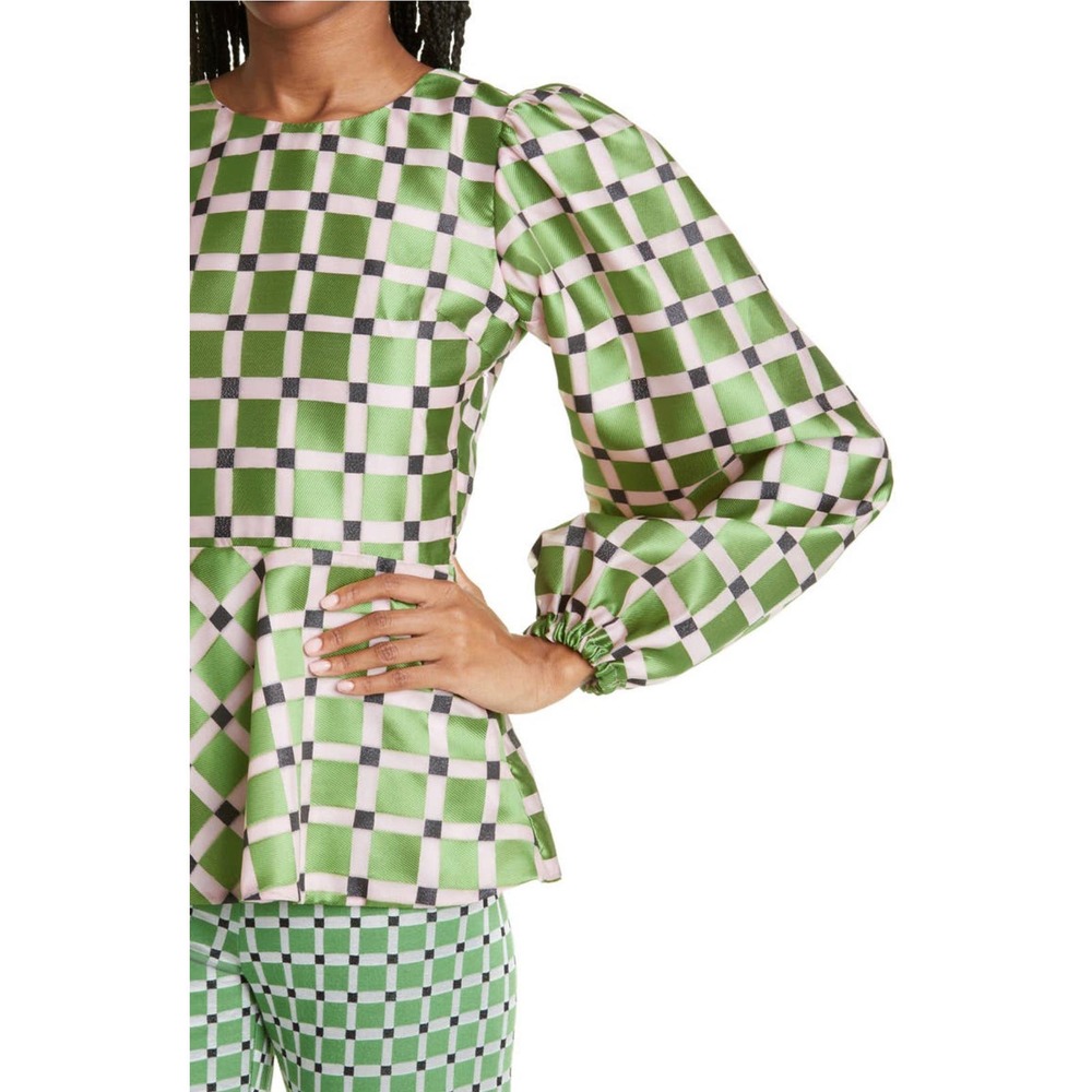 Stine Goya Gara Metallic Check Balloon Sleeve Peplum Top size XS